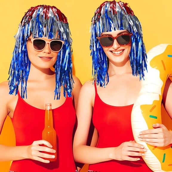 Fwttom 4Th of July Decorations, Independence Day Party Plastic Rain Like Fiber Wig Hat Wig Holiday Party Costume Decoration Independence Day Ornaments Red S-Ilver Blue Color Blocking