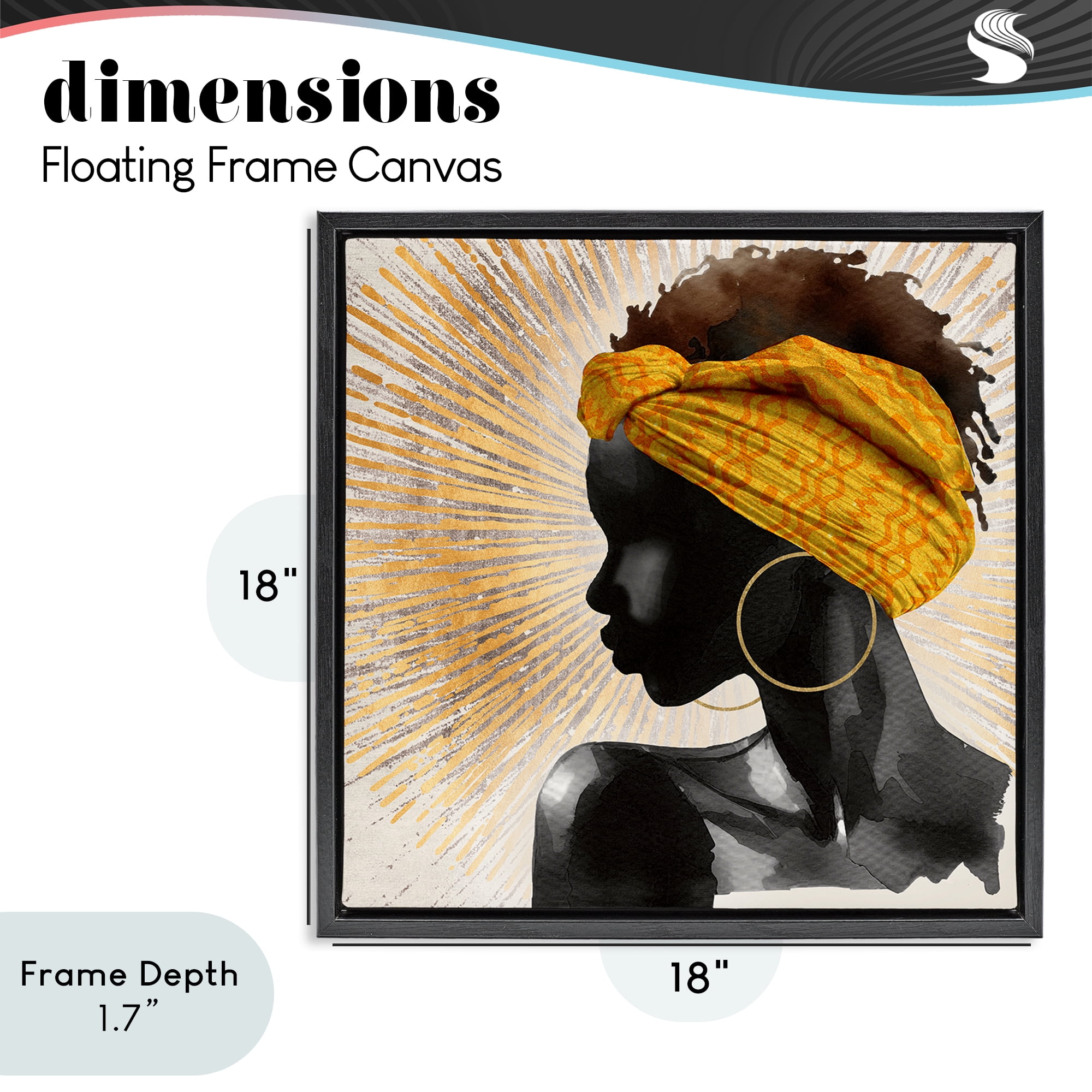 Stupell Industries Golden Sunburst Profile with Headwrap Black Framed Floater Canvas Wall Art, design by CAD Designs