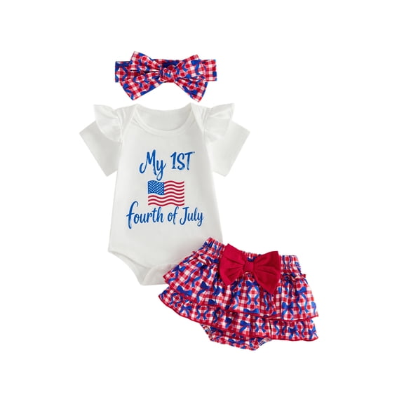 BemeyourBBs Newborn Baby Girls My First 4th of July Outfits Independent Day Patriot Summer Clothes Letter USA Flag Short Sleeves Romper and Bow Print Ruffled Shorts Skirt Headband 3pcs Set