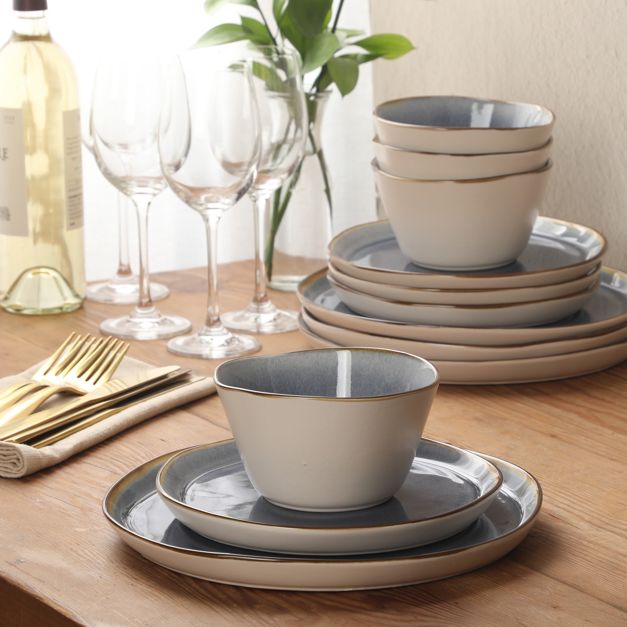 Gibson Elite Algeria River Plates and Bowls Sets, 12-Piece Stoneware Dinnerware Sets, Reactive Glaze Dish Set - Blue