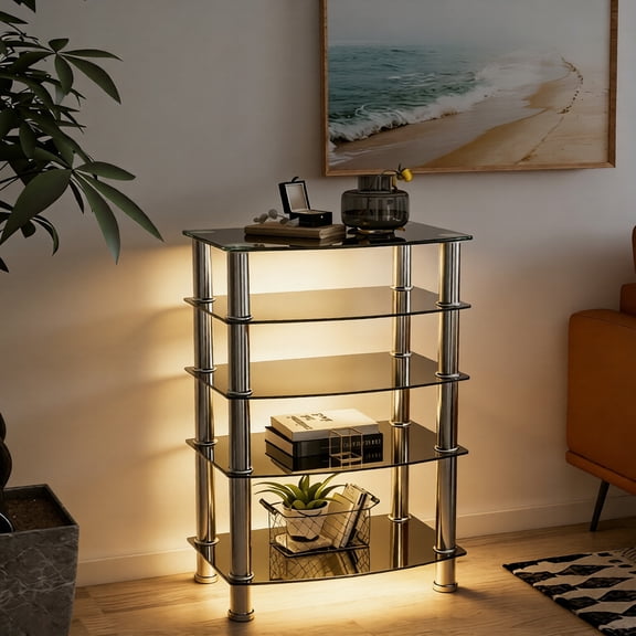 Wanling 5-Tier Tempered Glass Side Table, Black End Table with Stainless Steel Frame, Modern Nightstand for Living Room, Bedroom, Small Space