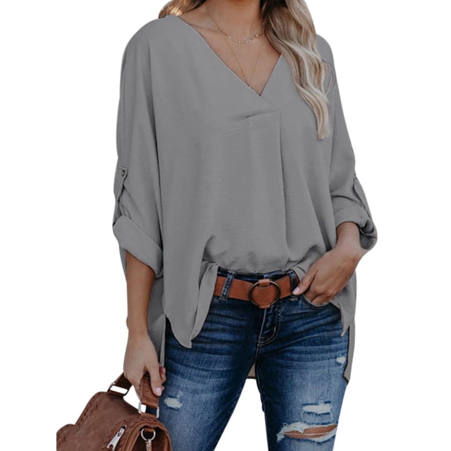 Qarigey Camisa de mujer con cuello en V blusa suelta camisa de mujer manga larga Color sólido Casual Top Prendas para la parte del cuerpo Gris M