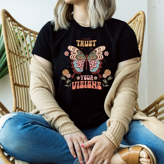 Trust Your Visions Boho Shirt, Hippie Shirt, Boho Shirt, Graphic Shirt, Celestial Moon Shirt, Meditation T-shirt, Motivational Tee (Colors:Black; Sizes:3XL;)