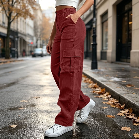 Karymi Pants for Women Corduroy Straight Leg Cargo Pants, Elastic Partial Drawstring High Waist Solid Trousers, Multi Flap Cargo Pockets Streetwear Women's Pants