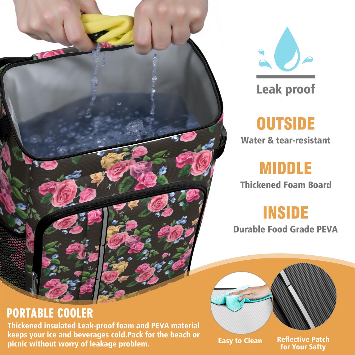 Travel Cooler Bag - Pioneer Flower Floral Print Pattern Camping Beer Cooler Backpack with Bottle Opener- Waterproof Insulated Picnic Backpacks - Cooler Bag for Beach