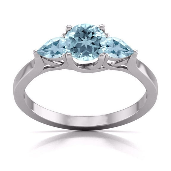 Round and Pear Cut Natural Aquamarine Gemstone Ring in 14K White Gold ( Size: 4.5)