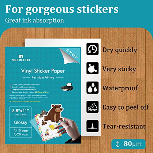 for Any Inkjet Printer Dries Quickly Vivid Colors Tear Resistant MECOLOUR Premium Printable Vinyl Sticker Paper Transparent 20 Clear Sheets No-waterproof 