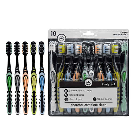 Brush Buddies Charcoal Complete Clean Toothbrushes with Soft Bristles, 10 Pack