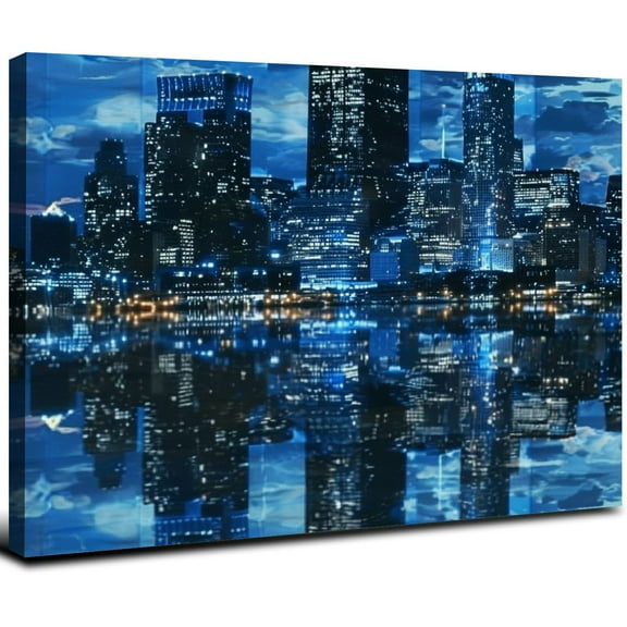 Acheng  Chicago Canvas Wall Art Chicago Skyline Picture Painting Blue City Night Decoration for Office Living Room (Medium) 20x16inch