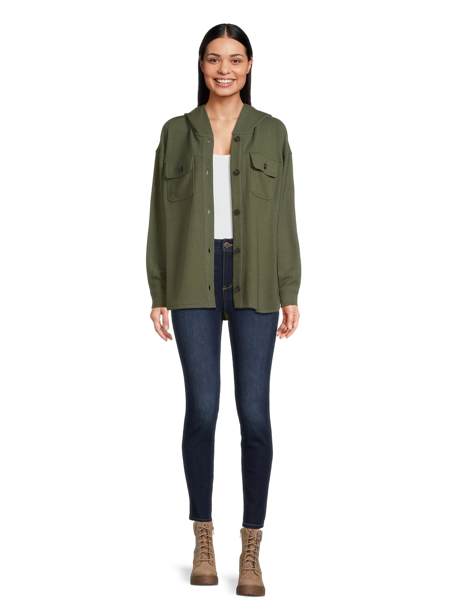 Time and Tru Women's Ribbed Hooded Shacket, Sizes S-XXXL