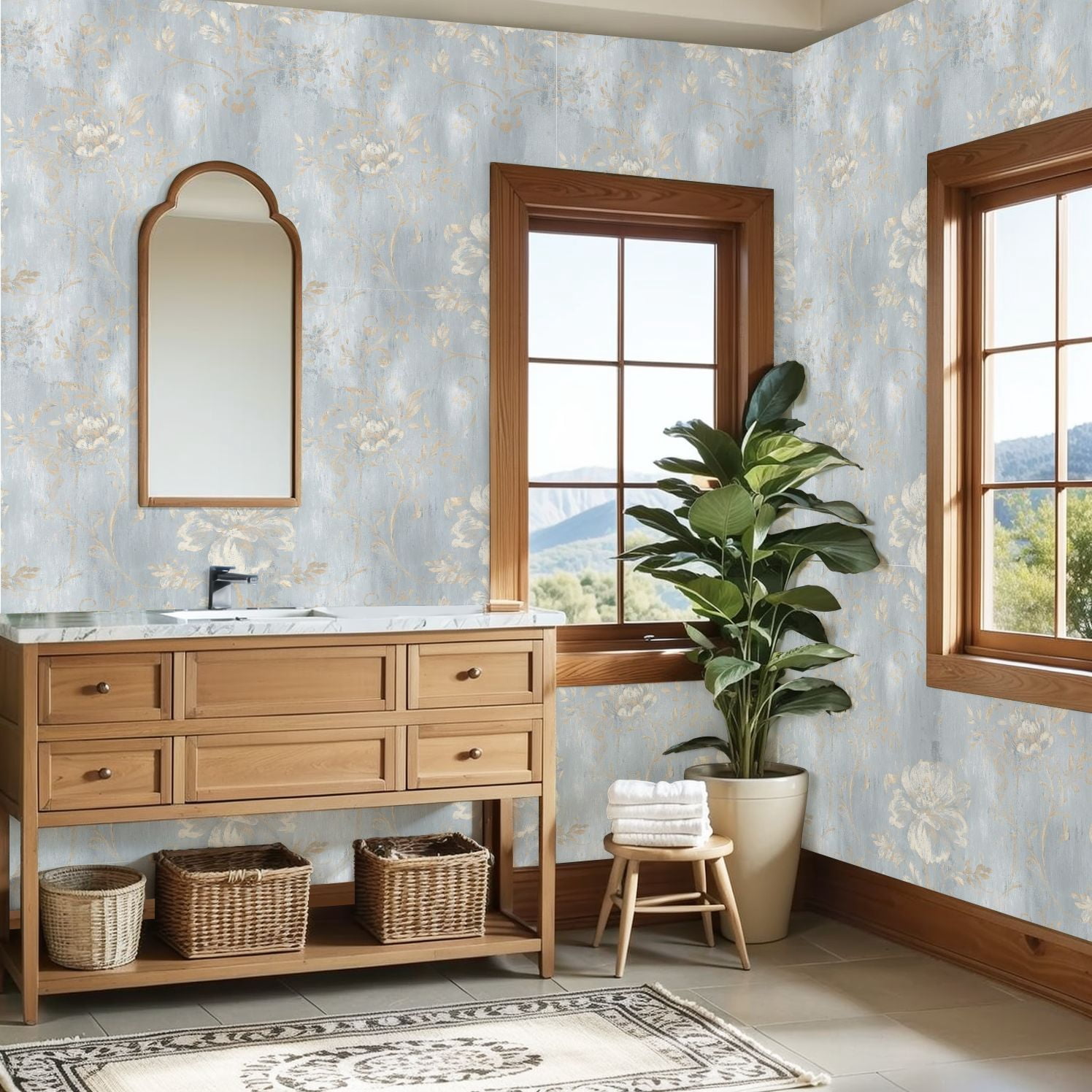 Vintage Peel and Stick Wallpaper 23.6in x 9.8ft Soft Blue Gold Floral Texture Contact Paper Vinyl Waterproof Self Adhesive Wall Paper for Bedroom Shelf Cabinet Renter Friendly