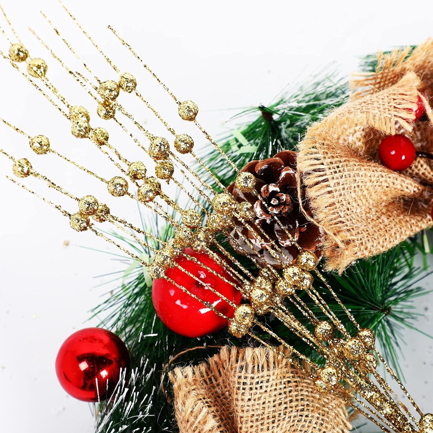 10 Pack Golden Artificial Glitter Berry Stem Ornaments 17 Inches Fake Christmas Picks Decorative Glitter Sticks for Christmas Tree DIY Wreath Crafts Gift Fireplace Holiday Home Decor