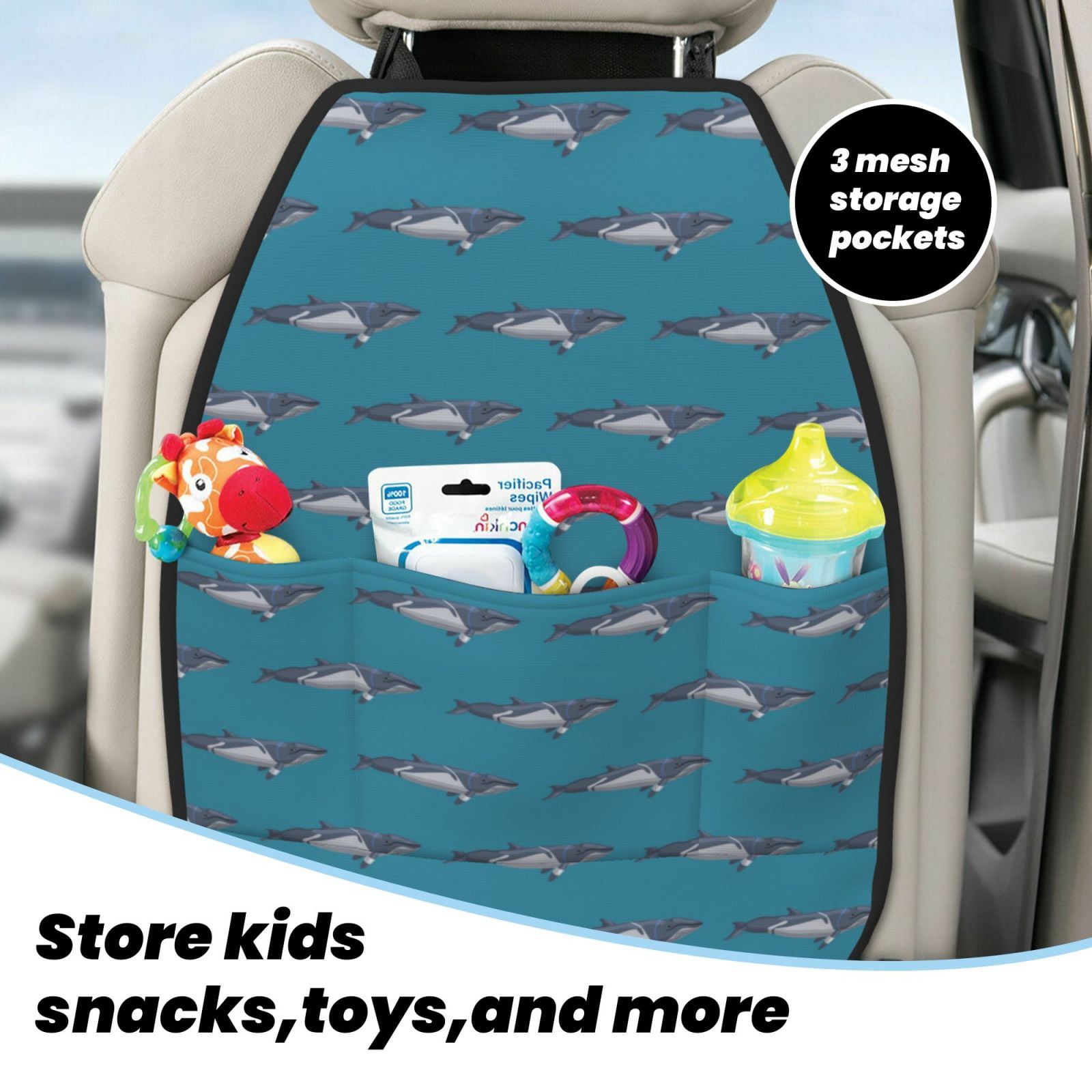 Kdxio Cartoon Whale Print 2 Pack Car Kick Mat Seat Cover Back Protector Mat with Pockets for Organizer Backseat Protector and Storage Anti Kick Pad for Vehicles