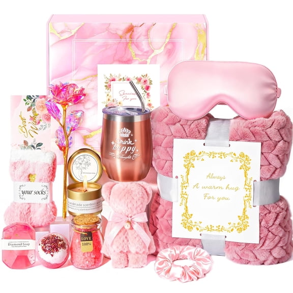 Christmas Gifts Basket for Women Mom Her Sister Grandma, Birthday Gift Get Well Self Care Gift For Friend, Relax Spa Set-Luxury Flannel Blanket Rose Flower, Wife Valentines Gift Mothers Day