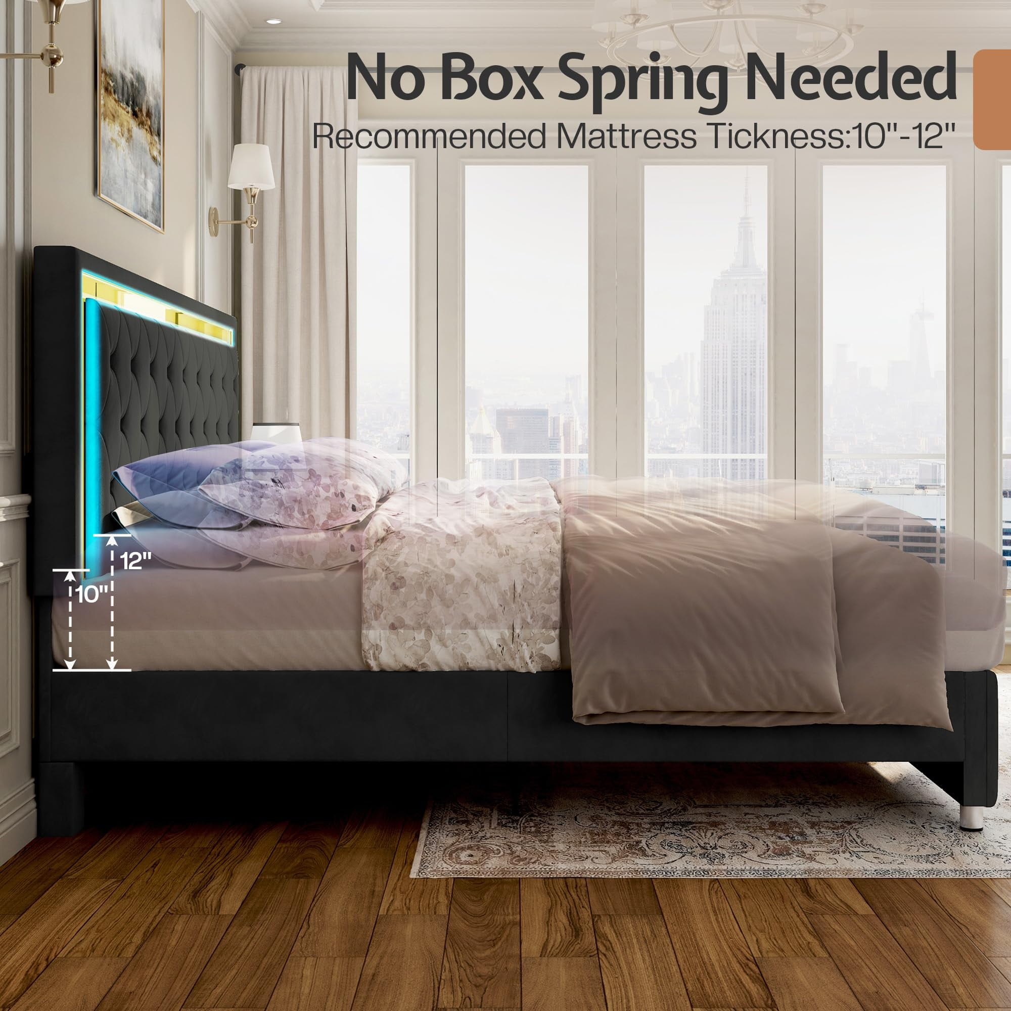 Merluxy Twin Size Bed Frame with Led Lights Headboard, Acrylic Mirror Accents, No Box Spring Needed, Velvet Upholstered Black