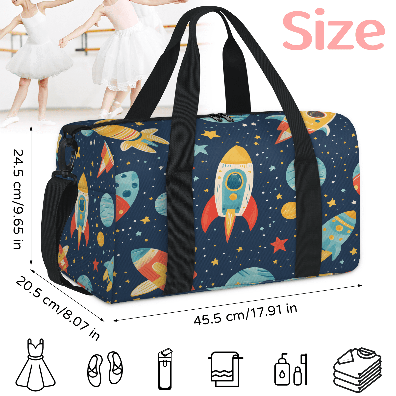 Herdesigns Rocket Gym Bag for Women, Duffle Bag for Travel Sport, Galaxy Star Lightweight Waterproof Carry on Weekender Dance Yoga Workout Bags