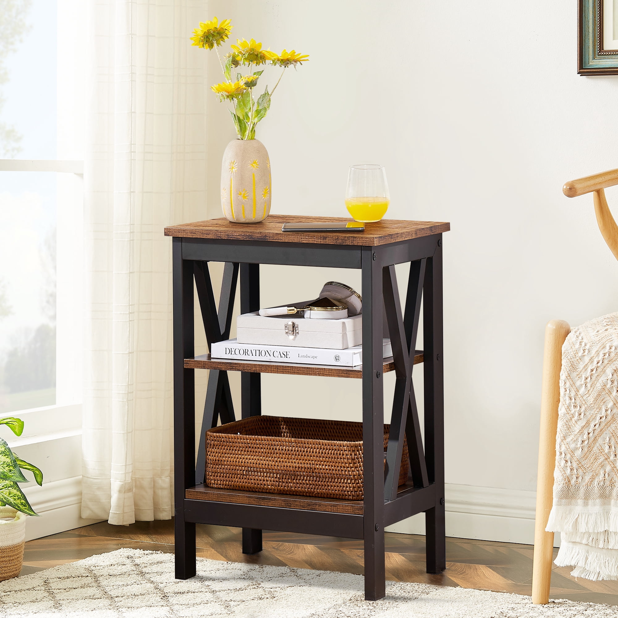VECELO Set of 2 Nightstand with 3-Tier Shelf, Side End Table for Living Room, Bedroom, Brown