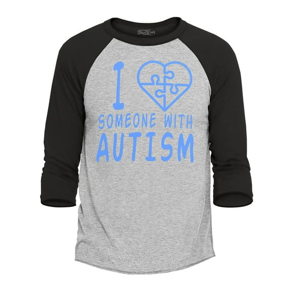 Shop4Ever Men's I Love Someone With Autism Puzzle Raglan Baseball Shirt Medium Heather Grey/Black