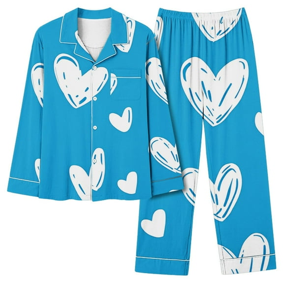Yufatyle Womens Pajama Sets- Valentines Day Pj Set Cute Heart Print Long Sleeve Button Down Shirt with Long Pants Blue L