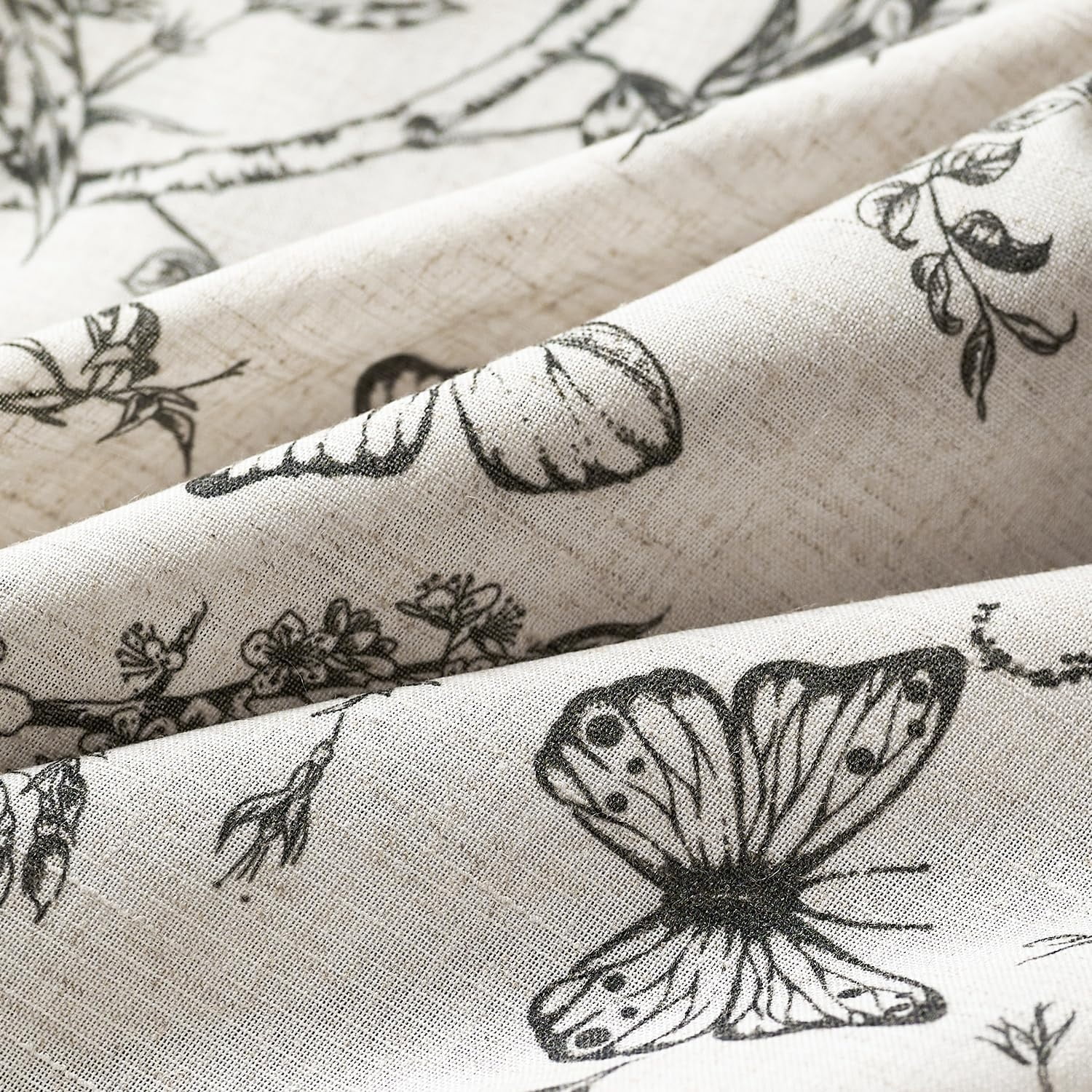 Black Floral Curtains 84 Inch Length Linen Farmhouse Curtain Back Tab Drapes for Living Room Bedroom Light Filtering Vintage Rod Pocket Curtains, 2 Panels, Black on Beige