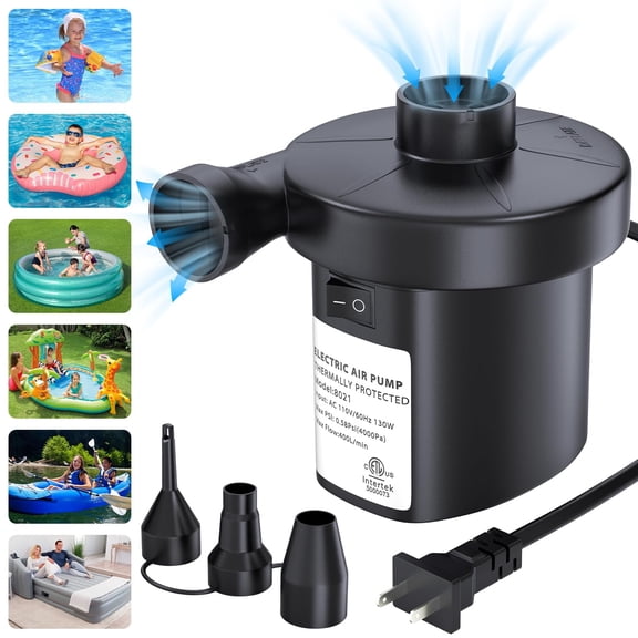 Electric Air Pump for Inflatables 130W AC with 3 Nozzles, Inflator Deflator for Air Mattress Beds Pool Floats Swimming Ring