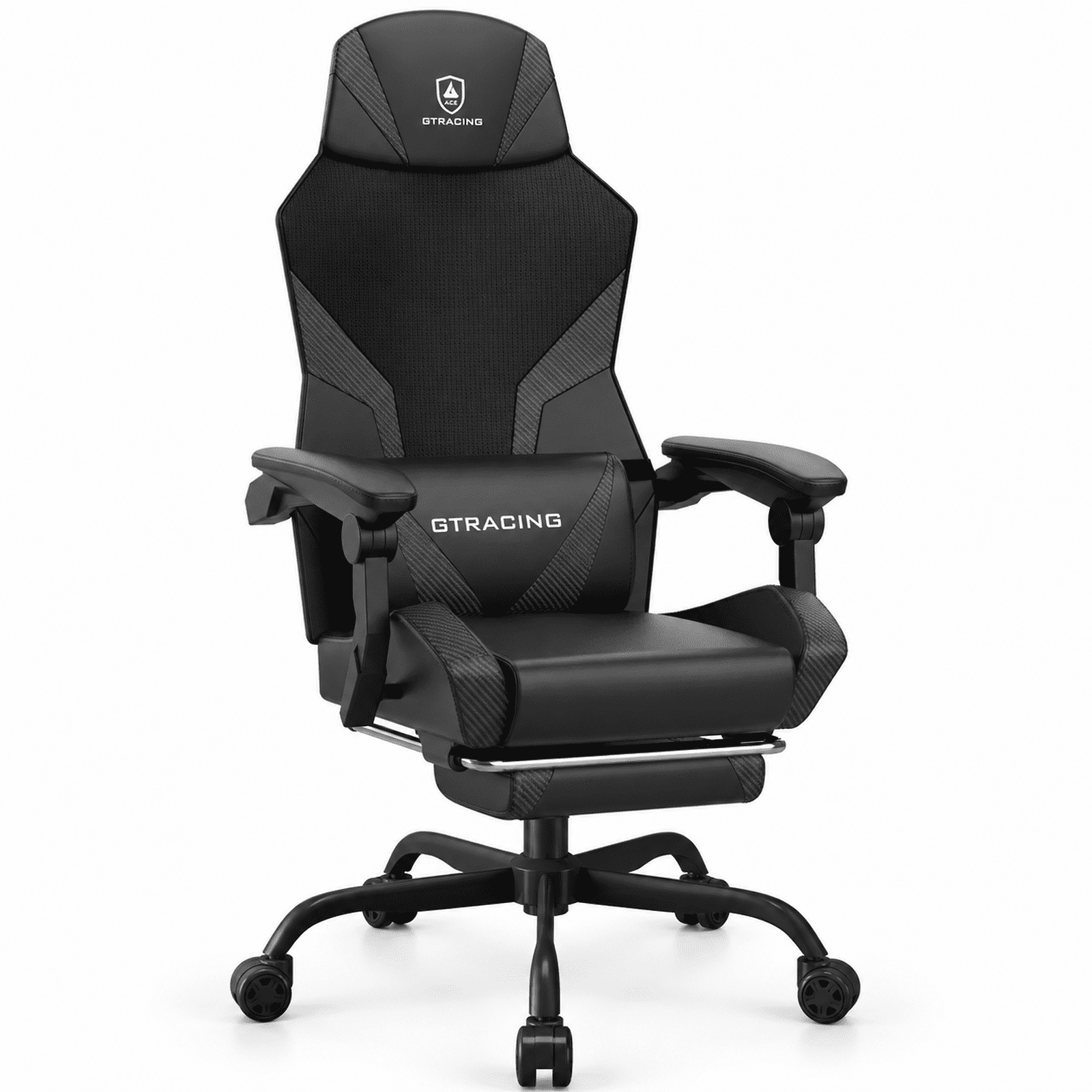GTRACING Luft-400 Mesh & Faux Leather Ergonomic Gaming and Office Chair with Adjustable Reclining, Lumbar Support, and Footrest, Black with Carbon Fiber
