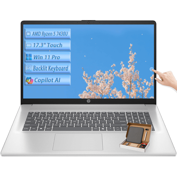 HP 17 Touchscreen Laptop Computer, AMD Ryzen 5 7430U, 17.3" HD AntiGlare Display, 16GB RAM, 512GB SSD, Backlit Keyboard, for Business & Student, Copilot AI, Win11 Pro