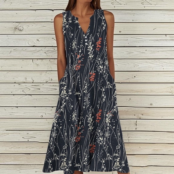 Gamivast Dresses for Women Sleeveless V Neck Button Down Loose Fit Midi Dress Floral Print with Pockets Flowy Elegant Party Summer Dresses Spring Dresses