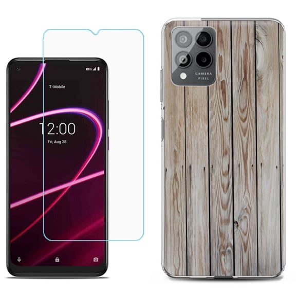 Slim-Fit Gel TPU Phone Case for T-Mobile Revvl 6 Pro 5G, with Tempered Glass Screen Protector, by OneToughShield ® - Wood Print