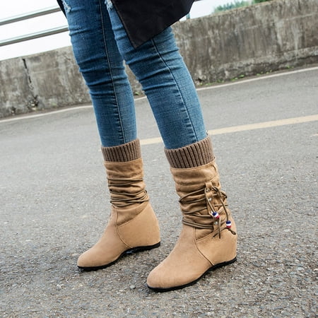 

QISIWOLE Women s Suede Mid-boots With Inner Raised Round Head Ethnic Style Wool Barrel Deals !
