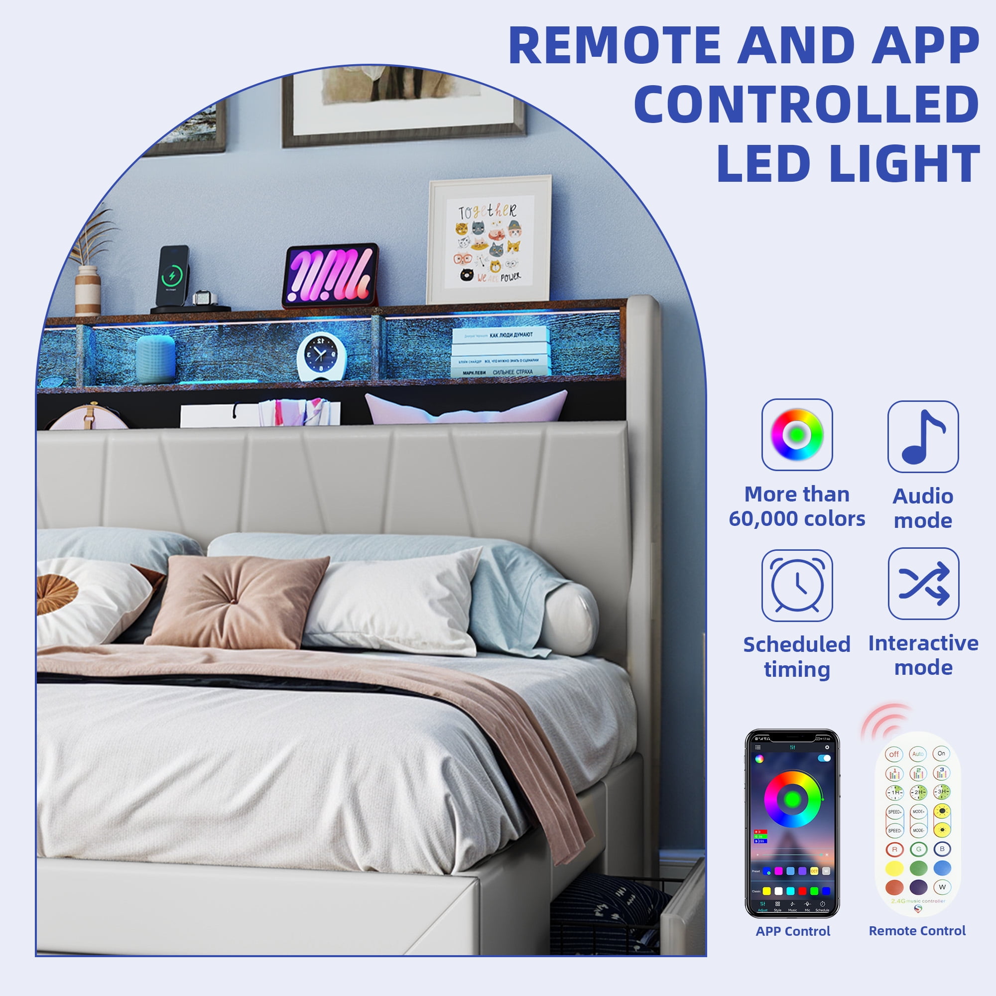 ModFusion King Size Upholstered Bed Frame with Velvet Headboard & Footboard, Built-in Storage, RGB Light Strip, Power Outlets, Beige