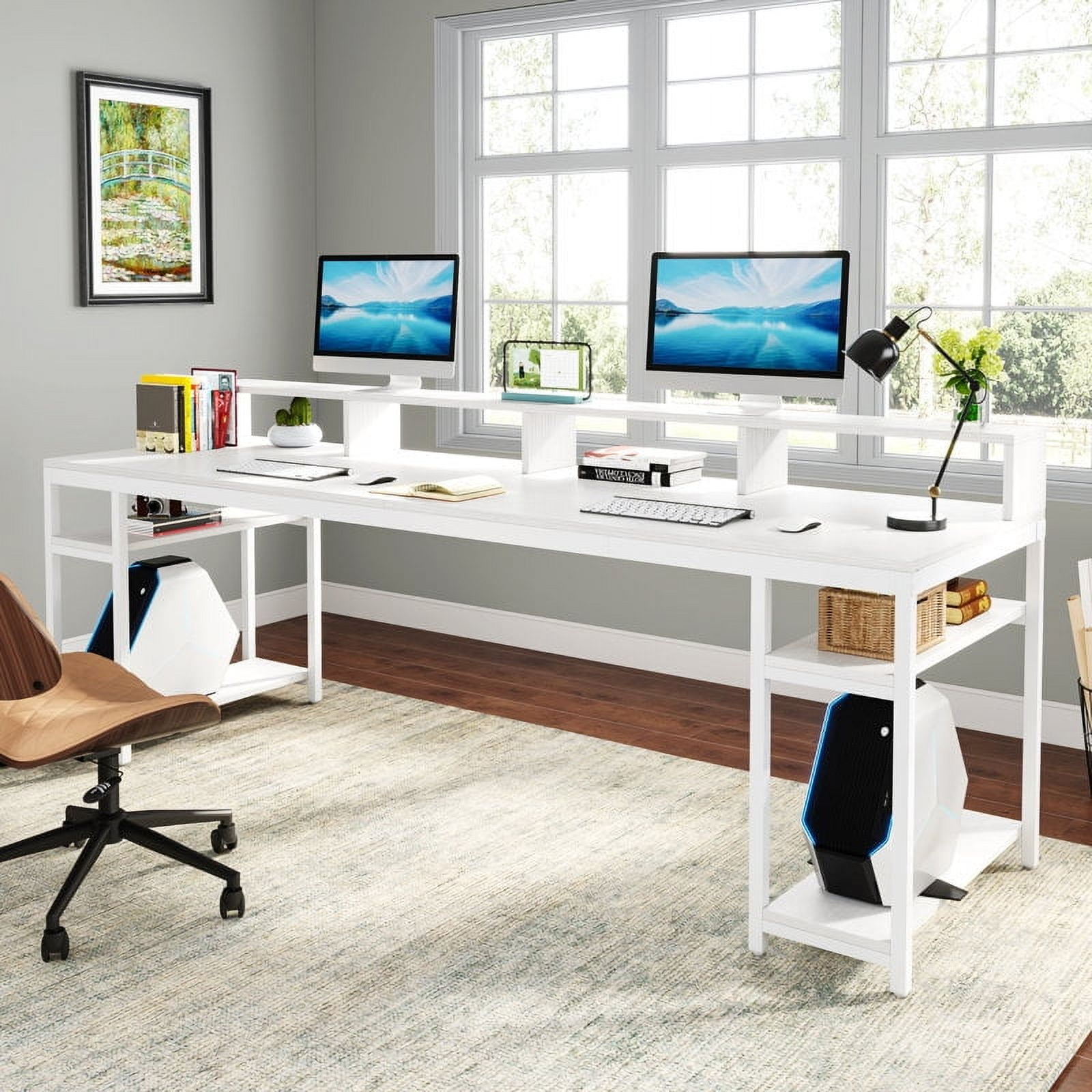 Tribesigns 78.74" Two Person Desk with Monitor Stand, Long Double Computer Desk with Storage Shelves for Home Office, White