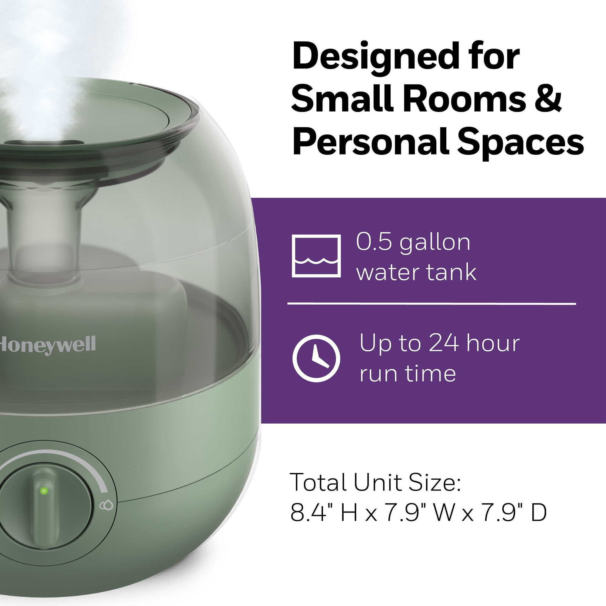 Honeywell 1/2 gal 250 sq ft. Mini Cool Mist Humidifier, Green, HUL525G