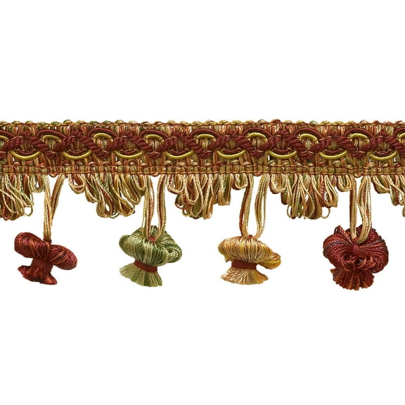 2" (5cm) Imperial Collection Scroll Gimp and Scalloped Loop onion Tassel Fringe Trim # NT2503,, Cherry Grove Beige #4770 (Golden Beige, Rust Red, Olive Green) Sold By The Yard (36"/3 ft/0.9m)