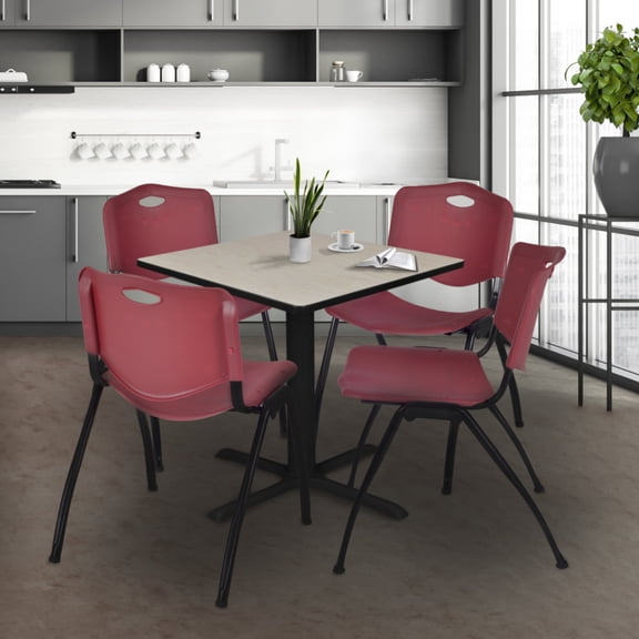 Regency Cain 36 in. Square X-Base Breakroom Table- Maple & 4 M Stack Chairs- Burgundy