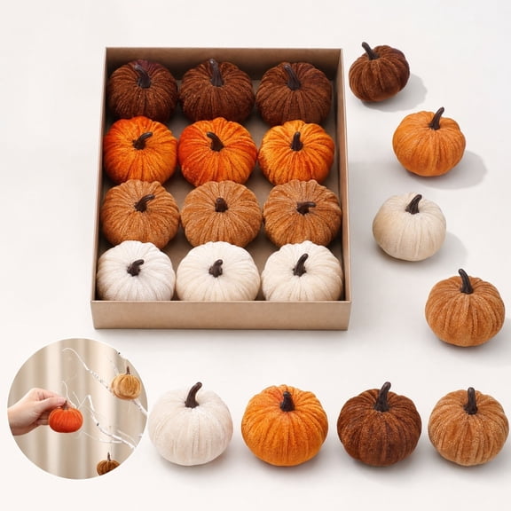12Pcs Mini Velvet Pumpkins Fall Decor, Assorted Rustic Orange Brown Cream Fabric Pumpkins Artificial Velvet Pumpkin Ornaments for Halloween Thanksgiving Tabletop Mantel Farmhouse Harvest Decorations