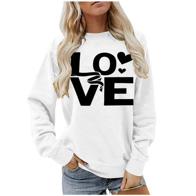 Ounisa Womens Valentines Sweatshirt Love Heart Graphic Print Pullover Casual Long Sleeve Valentine's Blouse Top