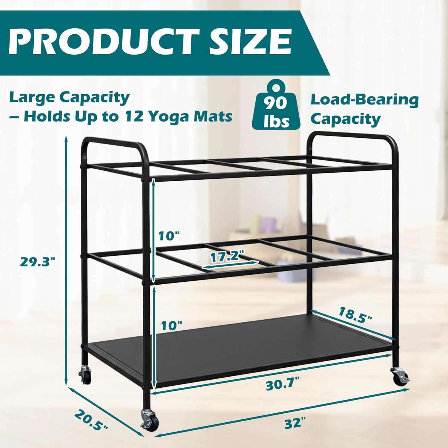 Yoga Mat Rack Storage Basket with Wheels,All-in-One Organizer for Yoga Mat Holder,Home Gym Equipment Storage Cart for Dumbbells, Kettlebells and Foam Rollers