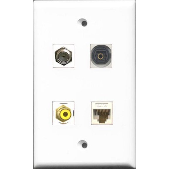 RiteAV 1 Port RCA Yellow and 1 Port Coax Cable TV- F-Type and 1 Port Toslink and 1 Port Cat6 Ethernet White Wall Plate