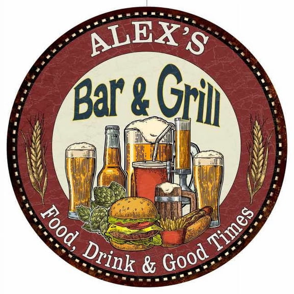ALEX'S Bar and Grill 14" Round Metal Sign Kitchen Wall Decor 100140020035