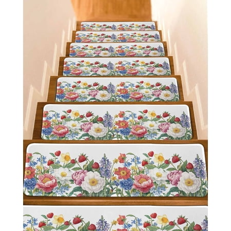 Spring Flower Stair Treads for Wooden Steps Indoor Runner Rug Carpet Watercolor Floral Summer Botanical 15 Pieces Peel and Stick Staircase Step Treads Covers Washable Throw Door Mats 30 x8