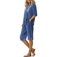 thumbnail image 6 of Womens Summer Linen 2 Piece Set Embroidered V Neck Button Shirt and Knee Length Casual Shorts Beach Vacation Outfits Blue XL, 6 of 7