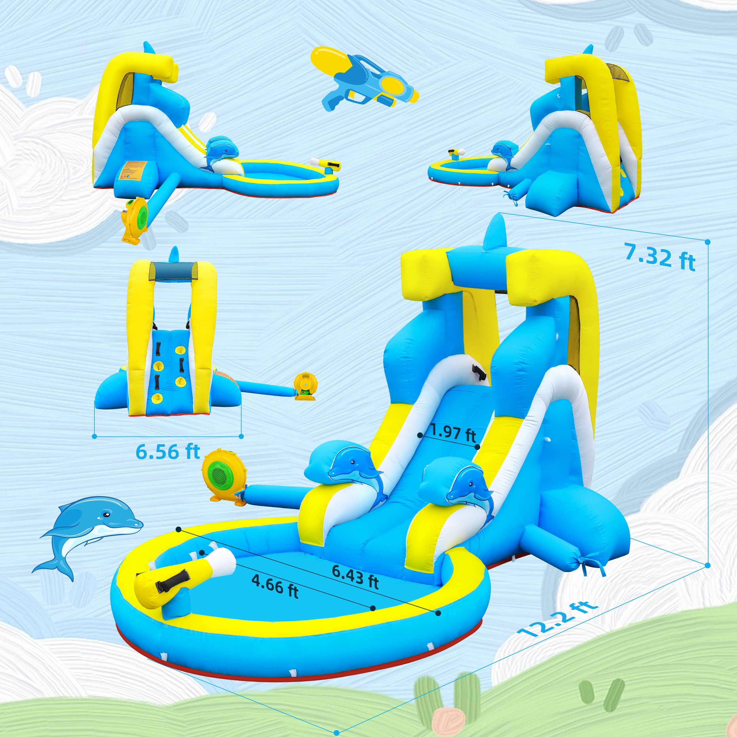 Inflatable Water Slide: 4 in 1 Bounce House Water Park Dolphin Style for Kids - Climbing Wall Splash Pool Water Cannon - 370W Blower - Wet & Dry Indoor Outdoor Backyard Birthday Party