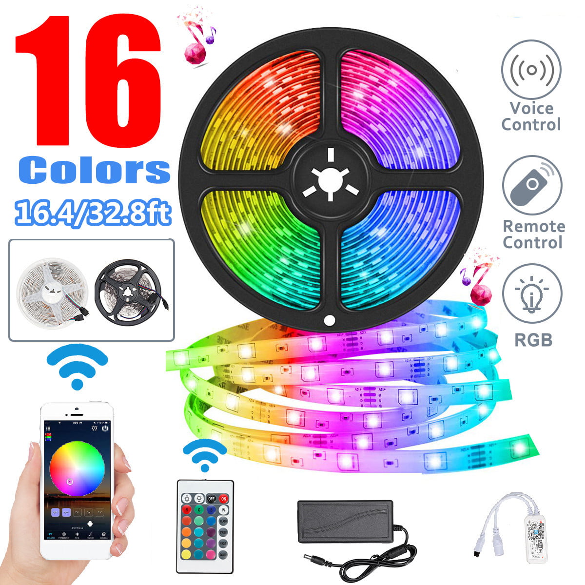 Details about   16.4/32 Feet RGB Waterproof LED Strip Light SMD 44 Key Remote Power Full Kit USA 