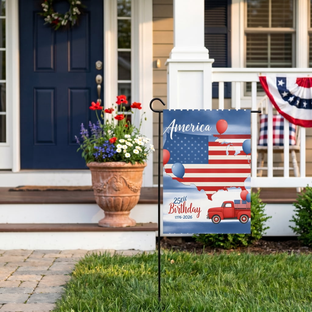 Independence Day Garden Flag Red truck Map United States America 250th Birthday Celebration 1776-2026 28x40in House Flag USA Decor