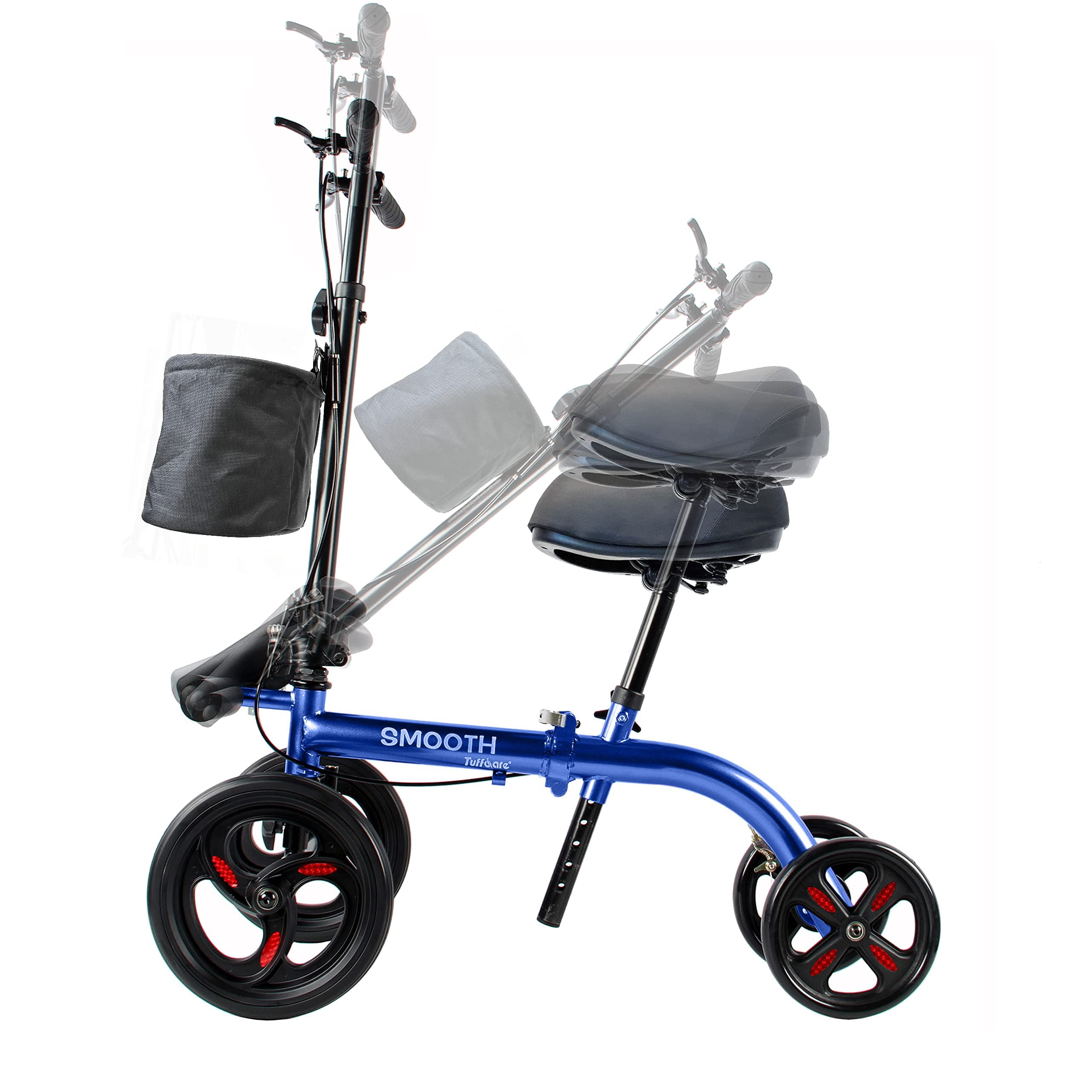Tuffcare Smooth Seated Knee Scooter, Slow Propelled Steerable Mobility Knee Walker Crutches, Wheelchair Alternative with Dual Brakes, Fits Height of 5’2”-6’3” (Solid Rubber Tires, Cobalt Blue)