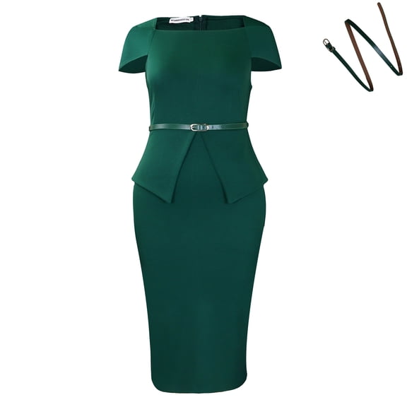 AURA Womens Square Neck High Waist Bodycon Midi Pencil Dress Short Sleeve Solid Color With Belt