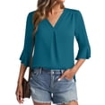 thumbnail image 4 of Pxxlle Chiffon Shirts for Women Dressy Ruffle 3/4 Sleeve Shirt Business Casual V Neck Pleated Blouses Solid Color Tops for Office Work Green S, 4 of 5