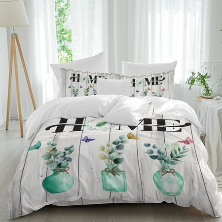 Green Eucalyptus Leaf Home Comforter Set King Size Leaves In Glass Vases Butterfly Wood Grain Soft Bedding Set for Man Woman 4 Pieces Duvet Cover Set with Fitted Sheet 2 Pillowcases
