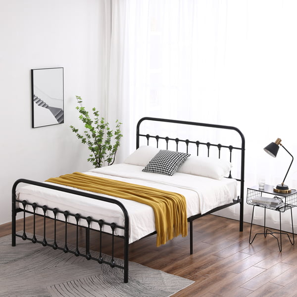 Metal Bed Frame Queen Size With Vintage, Black Wrought Iron Headboard
